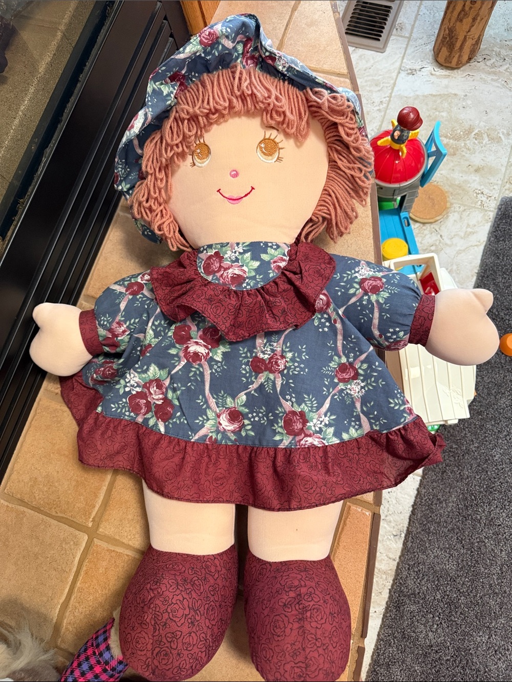 Kid Size Floral Rag Doll in Blue and Burgundy